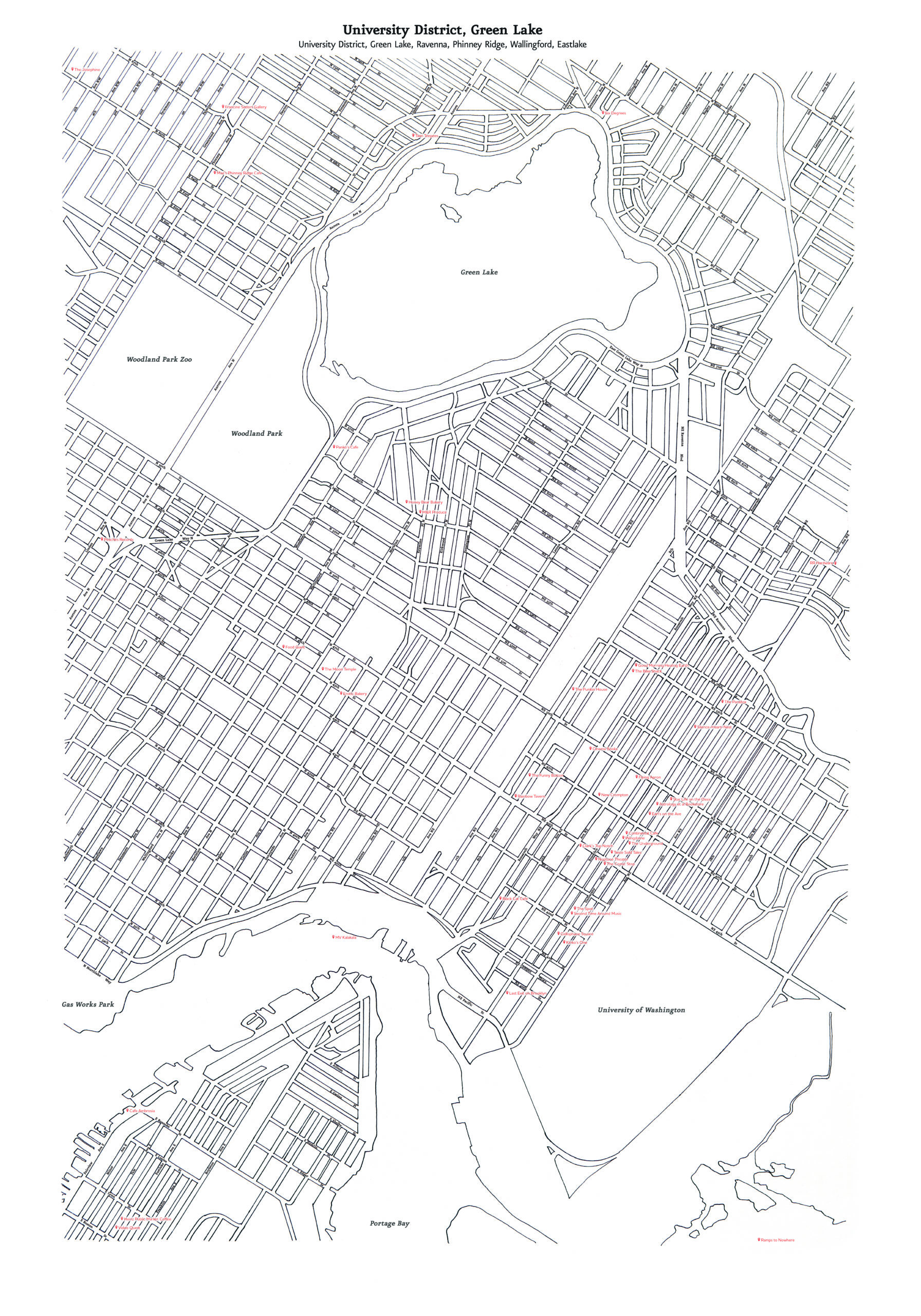 Map of Seattle University District and Greenlake, with Ravenna, Phinney Ridge, Wallingford, and Eastlake nieghborhoods. Hand-drawn by Joshua Powell.